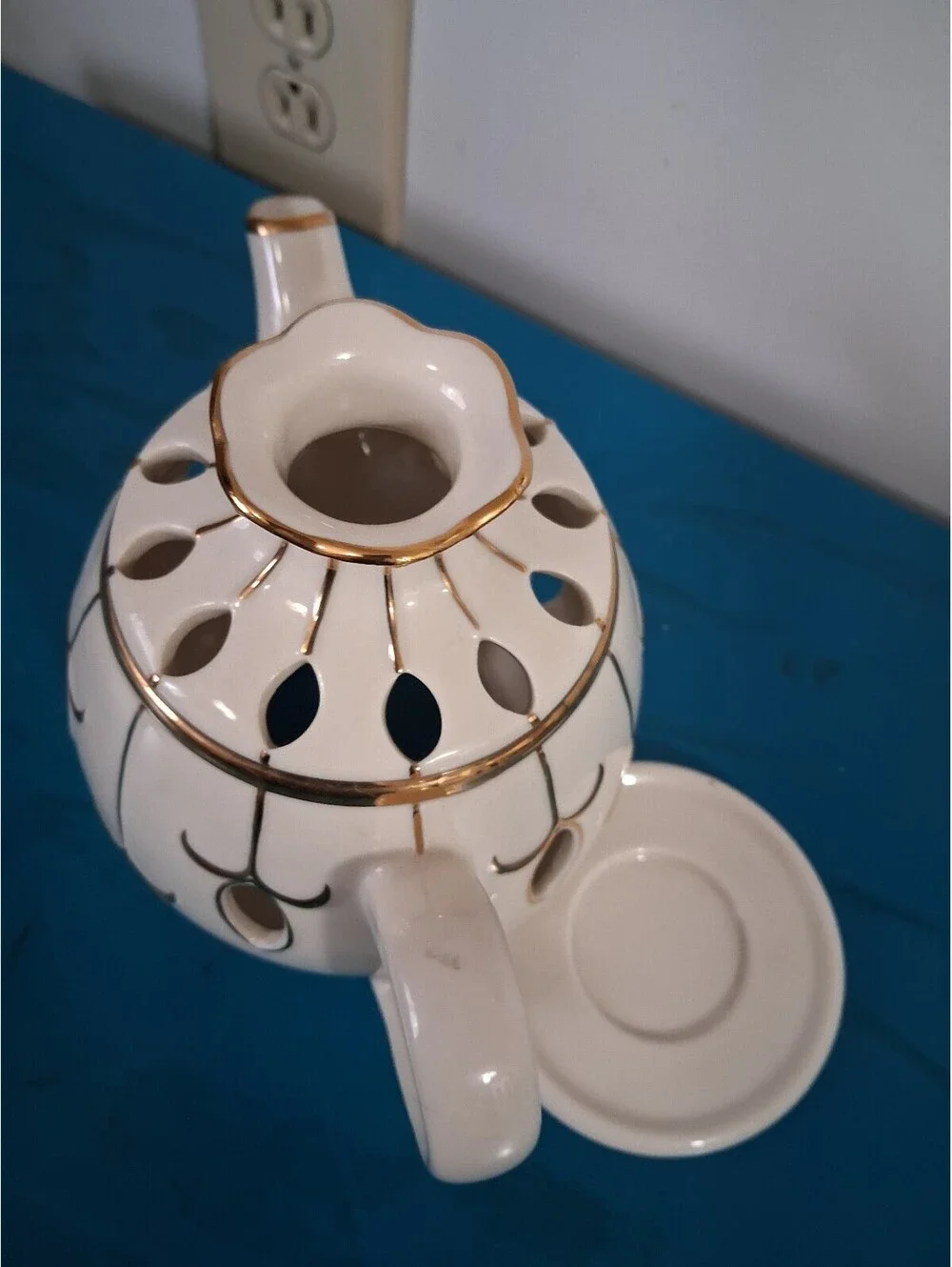 Vintage PartyLite White Ceramic Teapot with Gold Trim